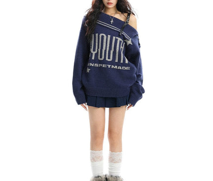 TALKLESSFASHION BIGGOLD American letter design slanted shoulder sweater women's autumn and winter thickened warm off-the-shoulder knit top trend