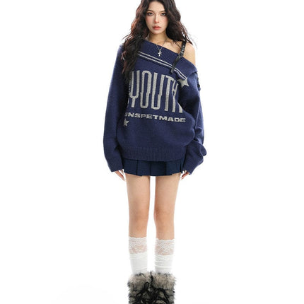 TALKLESSFASHION BIGGOLD American letter design slanted shoulder sweater women's autumn and winter thickened warm off-the-shoulder knit top trend
