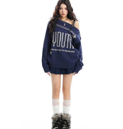 THETLSTUDIO BIGGOLD American letter design slanted shoulder sweater women's autumn and winter thickened warm off-the-shoulder knit top trend