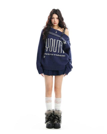TALKLESSFASHION BIGGOLD American letter design slanted shoulder sweater women's autumn and winter thickened warm off-the-shoulder knit top trend
