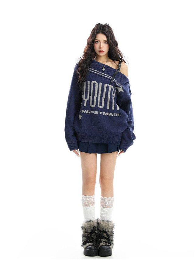 TALKLESSFASHION BIGGOLD American letter design slanted shoulder sweater women's autumn and winter thickened warm off-the-shoulder knit top trend
