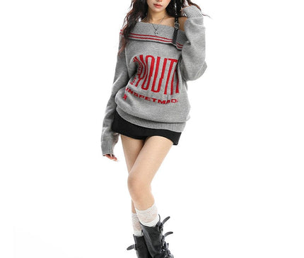 TALKLESSFASHION BIGGOLD American letter design slanted shoulder sweater women's autumn and winter thickened warm off-the-shoulder knit top trend