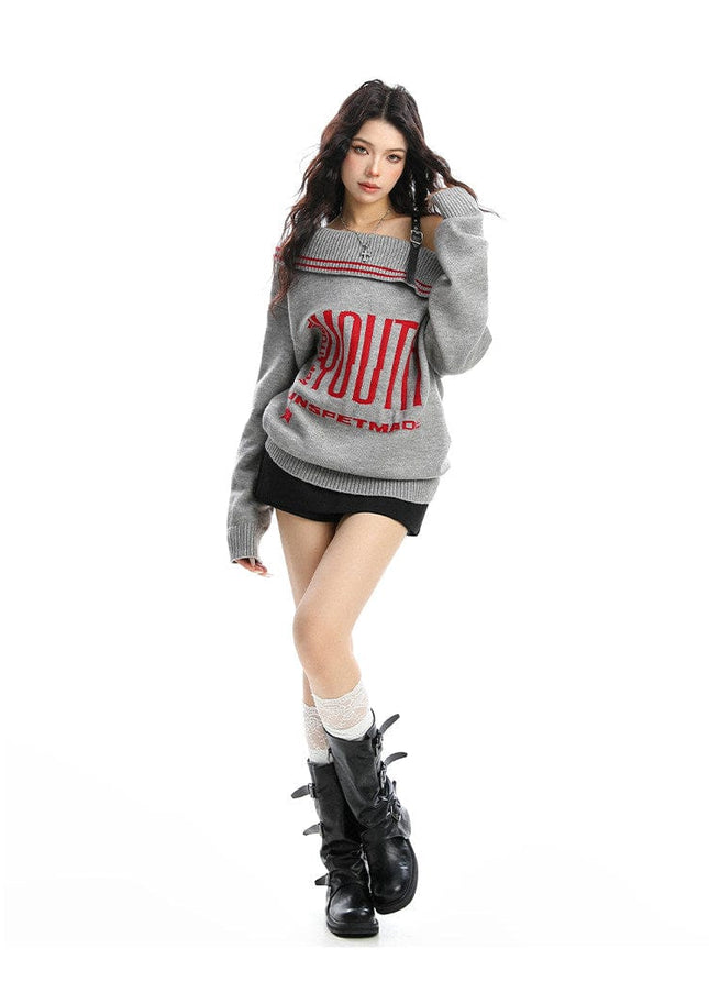 TALKLESSFASHION BIGGOLD American letter design slanted shoulder sweater women's autumn and winter thickened warm off-the-shoulder knit top trend
