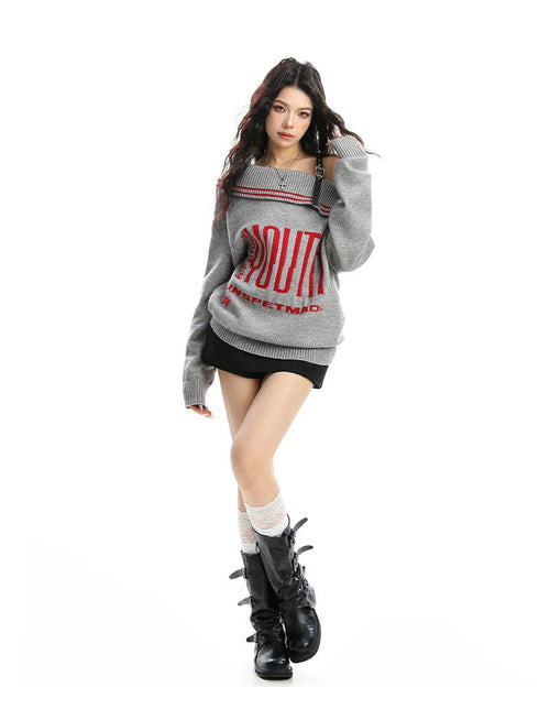 THETLSTUDIO BIGGOLD American letter design slanted shoulder sweater women's autumn and winter thickened warm off-the-shoulder knit top trend