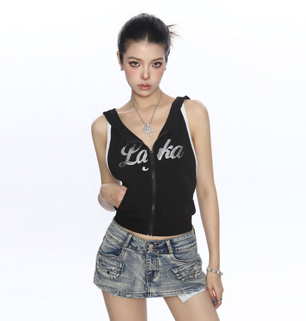 THETLSTUDIO BIGGOLD American Spice Girl Sequins Sleeveless Hooded Vest Women's Summer Sexy Backless Slimming Sports Top Trend