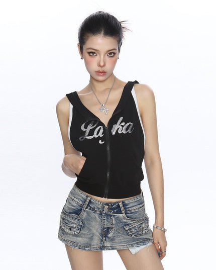 TALKLESSFASHION BIGGOLD American Spice Girl Sequins Sleeveless Hooded Vest Women's Summer Sexy Backless Slimming Sports Top Trend