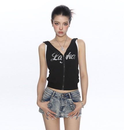 THETLSTUDIO BIGGOLD American Spice Girl Sequins Sleeveless Hooded Vest Women's Summer Sexy Backless Slimming Sports Top Trend