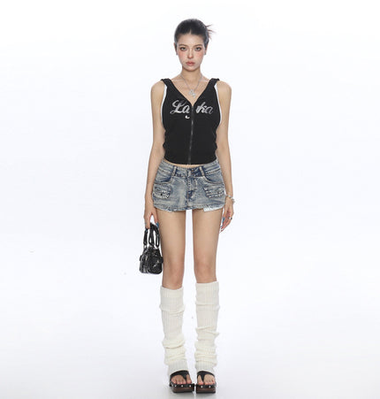 THETLSTUDIO BIGGOLD American Spice Girl Sequins Sleeveless Hooded Vest Women's Summer Sexy Backless Slimming Sports Top Trend