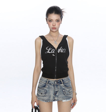 THETLSTUDIO BIGGOLD American Spice Girl Sequins Sleeveless Hooded Vest Women's Summer Sexy Backless Slimming Sports Top Trend