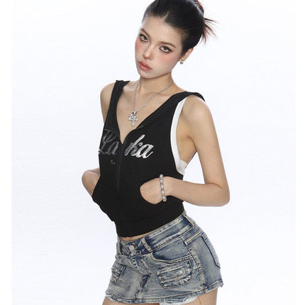 TALKLESSFASHION BIGGOLD American Spice Girl Sequins Sleeveless Hooded Vest Women's Summer Sexy Backless Slimming Sports Top Trend