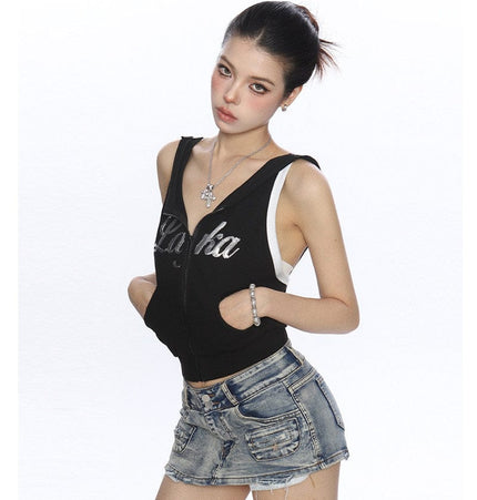 THETLSTUDIO BIGGOLD American Spice Girl Sequins Sleeveless Hooded Vest Women's Summer Sexy Backless Slimming Sports Top Trend