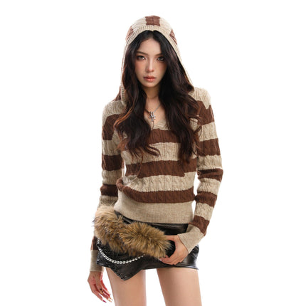 TALKLESSFASHION BIGGOLD American vintage hot girl contrast striped V-neck hooded knit sweater for women autumn slimming top