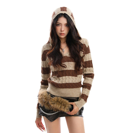 THETLSTUDIO BIGGOLD American vintage hot girl contrast striped V-neck hooded knit sweater for women autumn slimming top