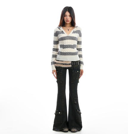 THETLSTUDIO BIGGOLD American vintage hot girl contrast striped V-neck hooded knit sweater for women autumn slimming top