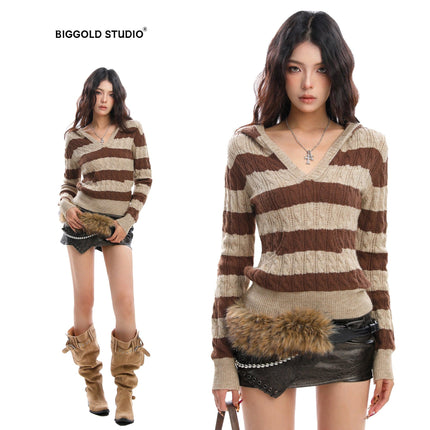 TALKLESSFASHION BIGGOLD American vintage hot girl contrast striped V-neck hooded knit sweater for women autumn slimming top