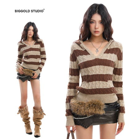 THETLSTUDIO BIGGOLD American vintage hot girl contrast striped V-neck hooded knit sweater for women autumn slimming top