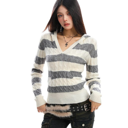 TALKLESSFASHION BIGGOLD American vintage hot girl contrast striped V-neck hooded knit sweater for women autumn slimming top