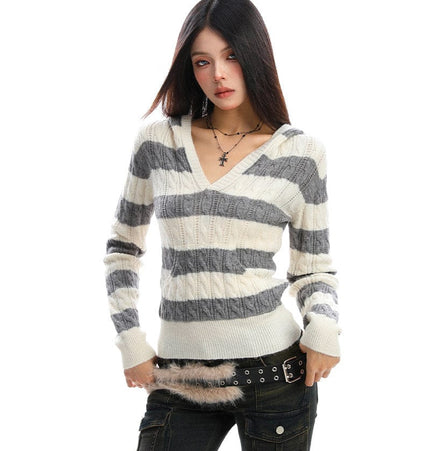 THETLSTUDIO BIGGOLD American vintage hot girl contrast striped V-neck hooded knit sweater for women autumn slimming top