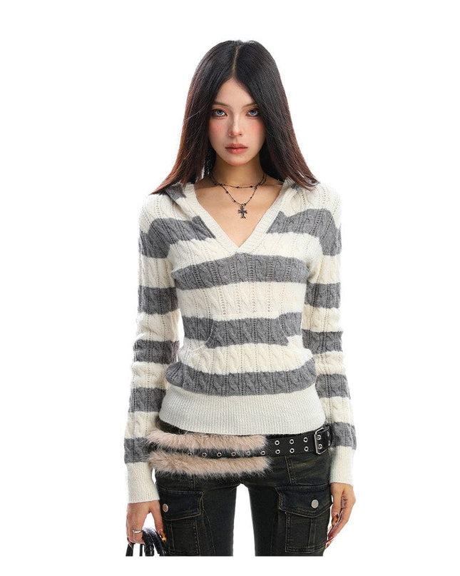 TALKLESSFASHION BIGGOLD American vintage hot girl contrast striped V-neck hooded knit sweater for women autumn slimming top