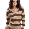 TALKLESSFASHION BIGGOLD American vintage hot girl contrast striped V-neck hooded knit sweater for women autumn slimming top