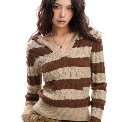 TALKLESSFASHION BIGGOLD American vintage hot girl contrast striped V-neck hooded knit sweater for women autumn slimming top