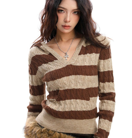 THETLSTUDIO BIGGOLD American vintage hot girl contrast striped V-neck hooded knit sweater for women autumn slimming top