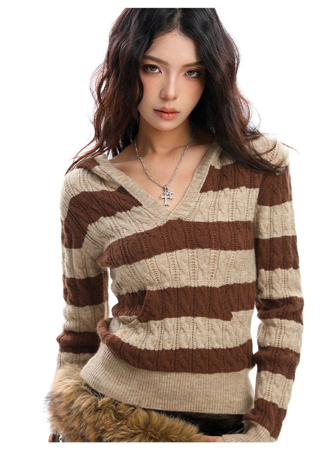 TALKLESSFASHION BIGGOLD American vintage hot girl contrast striped V-neck hooded knit sweater for women autumn slimming top
