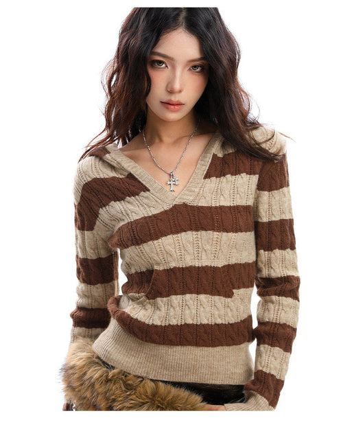 THETLSTUDIO BIGGOLD American vintage hot girl contrast striped V-neck hooded knit sweater for women autumn slimming top