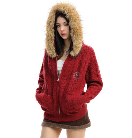 TALKLESSFASHION BIGGOLD Christmas and New Year fur collar hooded red sweater women's autumn and winter atmosphere warm knitted cardigan top