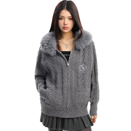 TALKLESSFASHION BIGGOLD Christmas and New Year fur collar hooded red sweater women's autumn and winter atmosphere warm knitted cardigan top