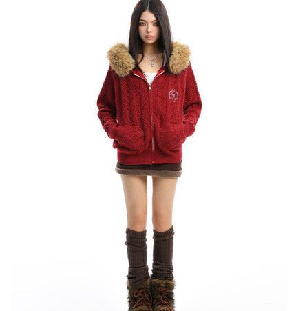 TALKLESSFASHION BIGGOLD Christmas and New Year fur collar hooded red sweater women's autumn and winter atmosphere warm knitted cardigan top