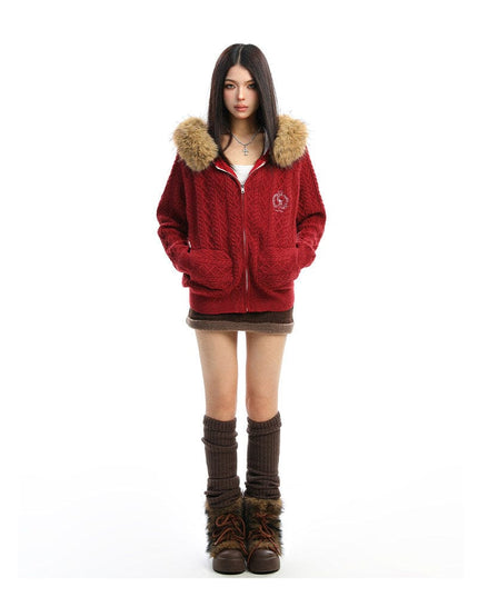 TALKLESSFASHION BIGGOLD Christmas and New Year fur collar hooded red sweater women's autumn and winter atmosphere warm knitted cardigan top