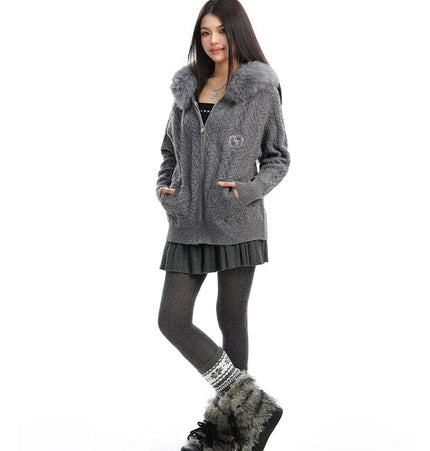 TALKLESSFASHION BIGGOLD Christmas and New Year fur collar hooded red sweater women's autumn and winter atmosphere warm knitted cardigan top