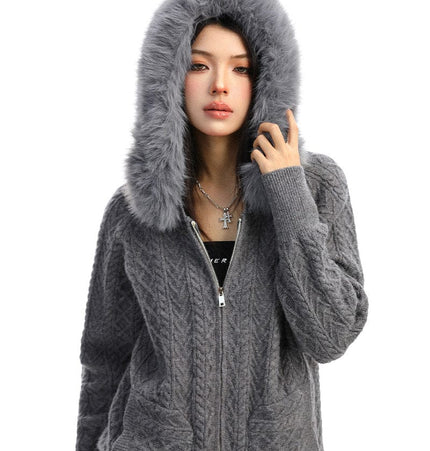 TALKLESSFASHION BIGGOLD Christmas and New Year fur collar hooded red sweater women's autumn and winter atmosphere warm knitted cardigan top