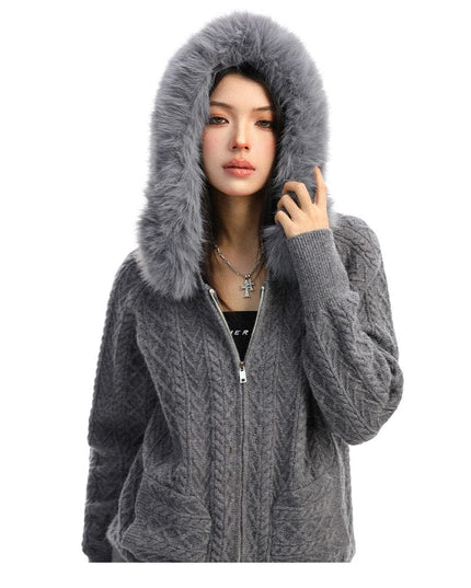TALKLESSFASHION BIGGOLD Christmas and New Year fur collar hooded red sweater women's autumn and winter atmosphere warm knitted cardigan top