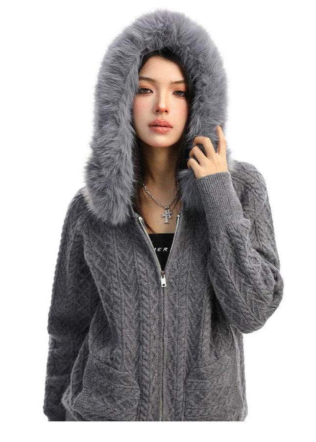 TALKLESSFASHION BIGGOLD Christmas and New Year fur collar hooded red sweater women's autumn and winter atmosphere warm knitted cardigan top