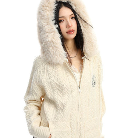 TALKLESSFASHION BIGGOLD Christmas and New Year fur collar hooded red sweater women's autumn and winter atmosphere warm knitted cardigan top
