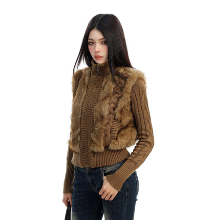 TALKLESSFASHION BIGGOLD Eco-friendly Fur Patchwork Stand Collar Twist Sweater Women's Autumn and Winter Slim Slimming Warm Knitwear Jacket