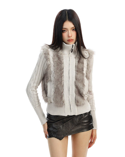 TALKLESSFASHION BIGGOLD Eco-friendly Fur Patchwork Stand Collar Twist Sweater Women's Autumn and Winter Slim Slimming Warm Knitwear Jacket