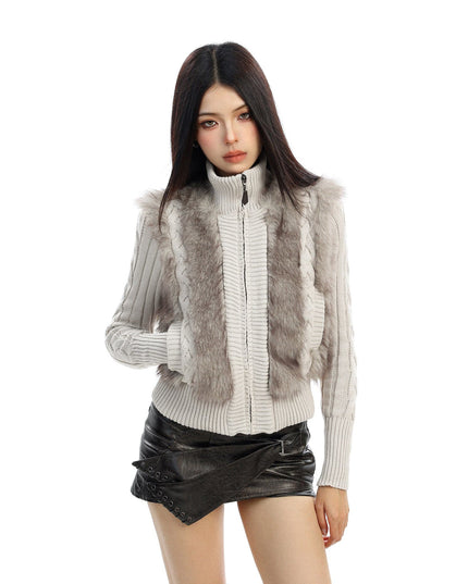 TALKLESSFASHION BIGGOLD Eco-friendly Fur Patchwork Stand Collar Twist Sweater Women's Autumn and Winter Slim Slimming Warm Knitwear Jacket