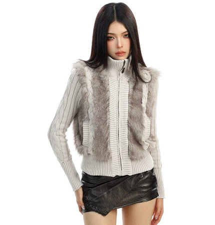 TALKLESSFASHION BIGGOLD Eco-friendly Fur Patchwork Stand Collar Twist Sweater Women's Autumn and Winter Slim Slimming Warm Knitwear Jacket