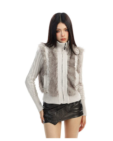 TALKLESSFASHION BIGGOLD Eco-friendly Fur Patchwork Stand Collar Twist Sweater Women's Autumn and Winter Slim Slimming Warm Knitwear Jacket
