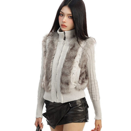 TALKLESSFASHION BIGGOLD Eco-friendly Fur Patchwork Stand Collar Twist Sweater Women's Autumn and Winter Slim Slimming Warm Knitwear Jacket
