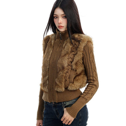 TALKLESSFASHION BIGGOLD Eco-friendly Fur Patchwork Stand Collar Twist Sweater Women's Autumn and Winter Slim Slimming Warm Knitwear Jacket