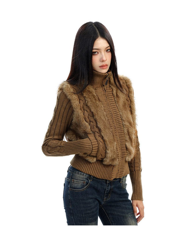 TALKLESSFASHION BIGGOLD Eco-friendly Fur Patchwork Stand Collar Twist Sweater Women's Autumn and Winter Slim Slimming Warm Knitwear Jacket