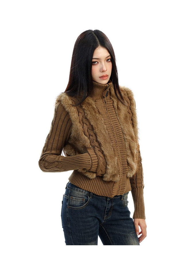 TALKLESSFASHION BIGGOLD Eco-friendly Fur Patchwork Stand Collar Twist Sweater Women's Autumn and Winter Slim Slimming Warm Knitwear Jacket