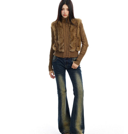 TALKLESSFASHION BIGGOLD Eco-friendly Fur Patchwork Stand Collar Twist Sweater Women's Autumn and Winter Slim Slimming Warm Knitwear Jacket