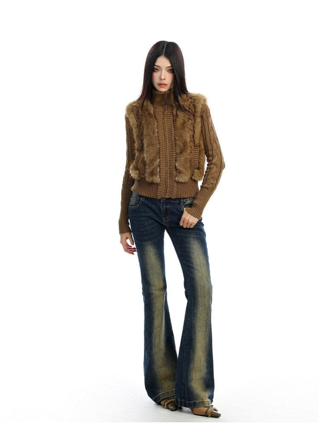 TALKLESSFASHION BIGGOLD Eco-friendly Fur Patchwork Stand Collar Twist Sweater Women's Autumn and Winter Slim Slimming Warm Knitwear Jacket