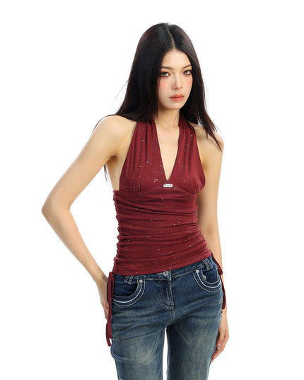 TALKLESSFASHION BIGGOLD hot girl pure desire backless V-neck red neck camisole female slim waist short sleeveless top