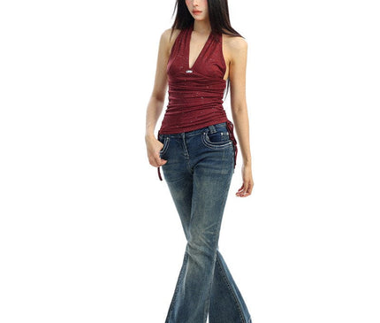 TALKLESSFASHION BIGGOLD hot girl pure desire backless V-neck red neck camisole female slim waist short sleeveless top